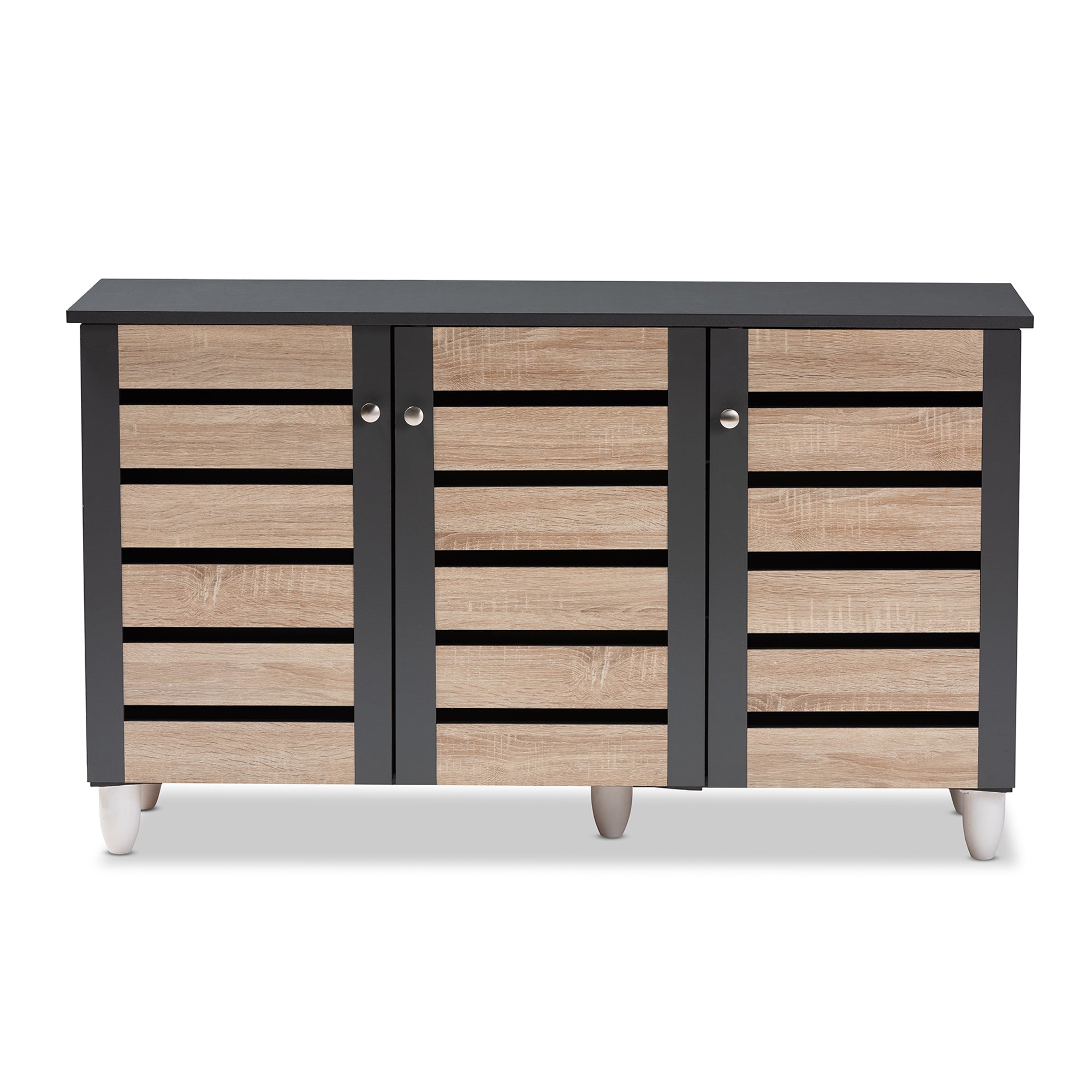 Gisela Modern and Contemporary Two-Tone Oak and Dark Grey 3-Door Shoe Storage Cabinet