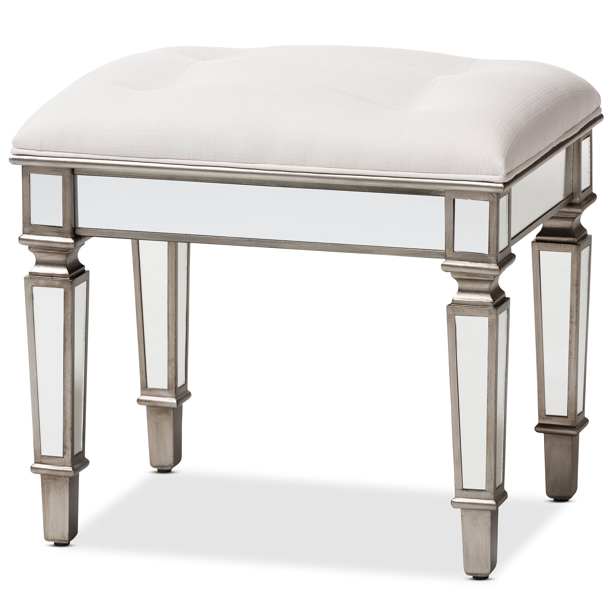 Marielle Hollywood Regency our Style Off White Fabric Upholstered Mirrored Ottoman Vanity Bench