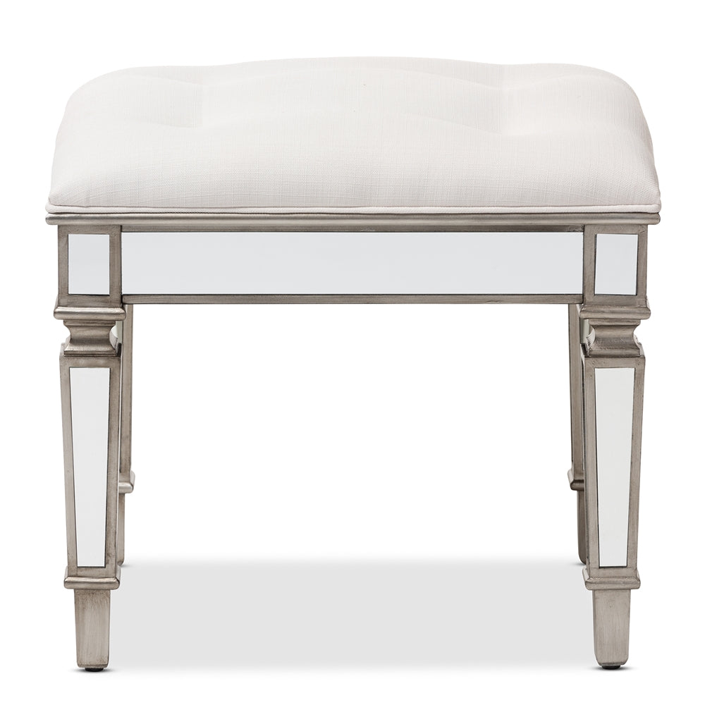 Marielle Hollywood Regency our Style Off White Fabric Upholstered Mirrored Ottoman Vanity Bench