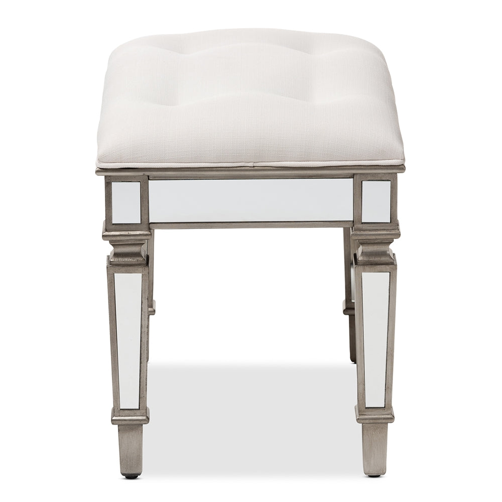 Marielle Hollywood Regency our Style Off White Fabric Upholstered Mirrored Ottoman Vanity Bench