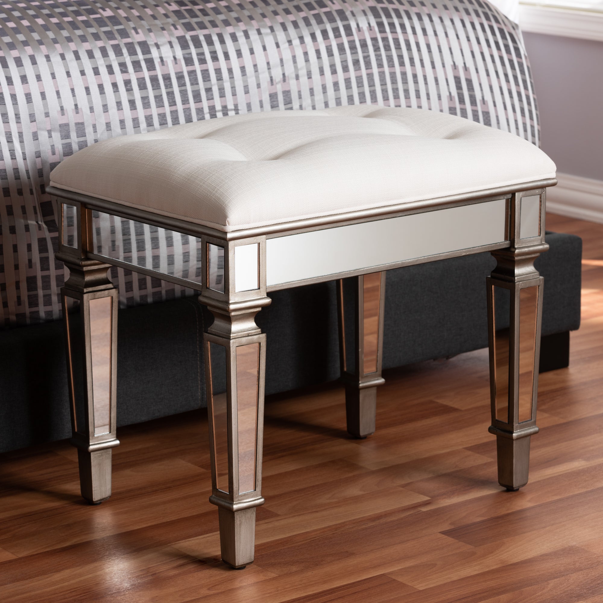 Marielle Hollywood Regency our Style Off White Fabric Upholstered Mirrored Ottoman Vanity Bench