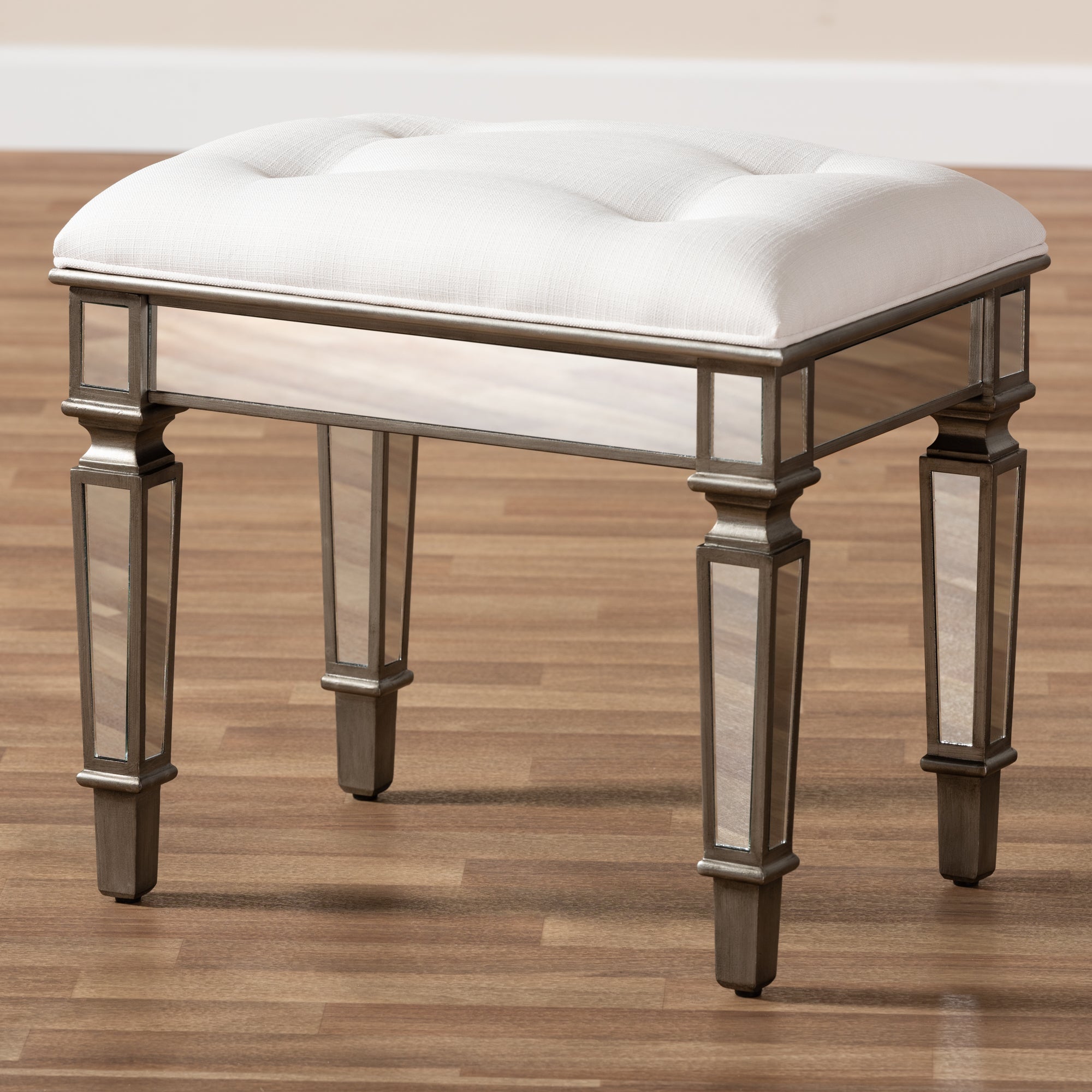 Marielle Hollywood Regency our Style Off White Fabric Upholstered Mirrored Ottoman Vanity Bench