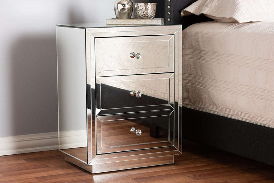 Lina Modern and Contemporary Hollywood Regency our Style Mirrored 3-Drawer End Table