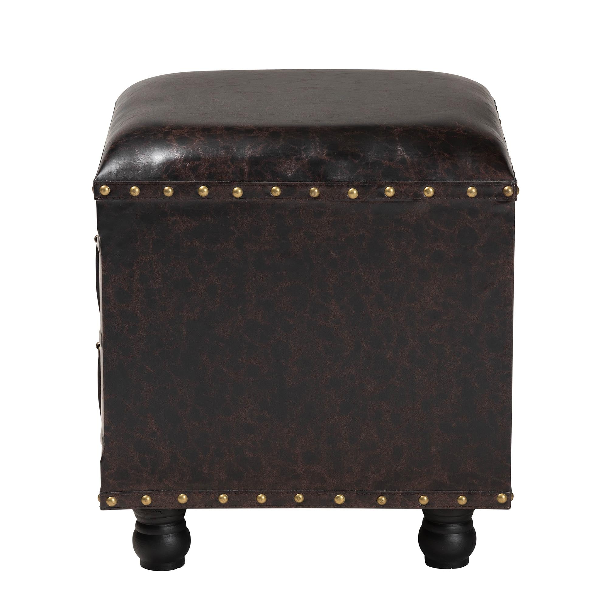 Charlier Rustic Antique Inspired Dark Brown Faux Leather Upholstered Wood Storage Ottoman with Book Spine Drawer