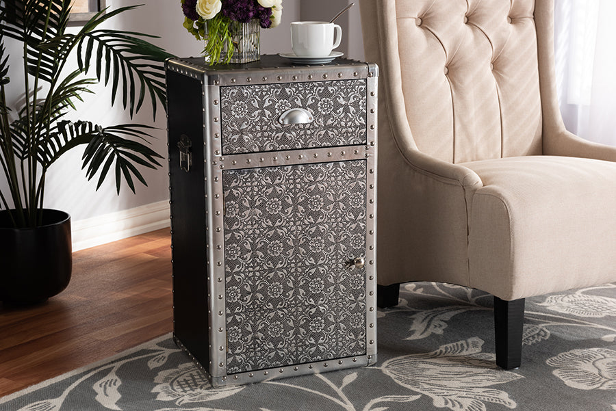Cosette Vintage Industrial Silver Metal Floral Accent Cabinet