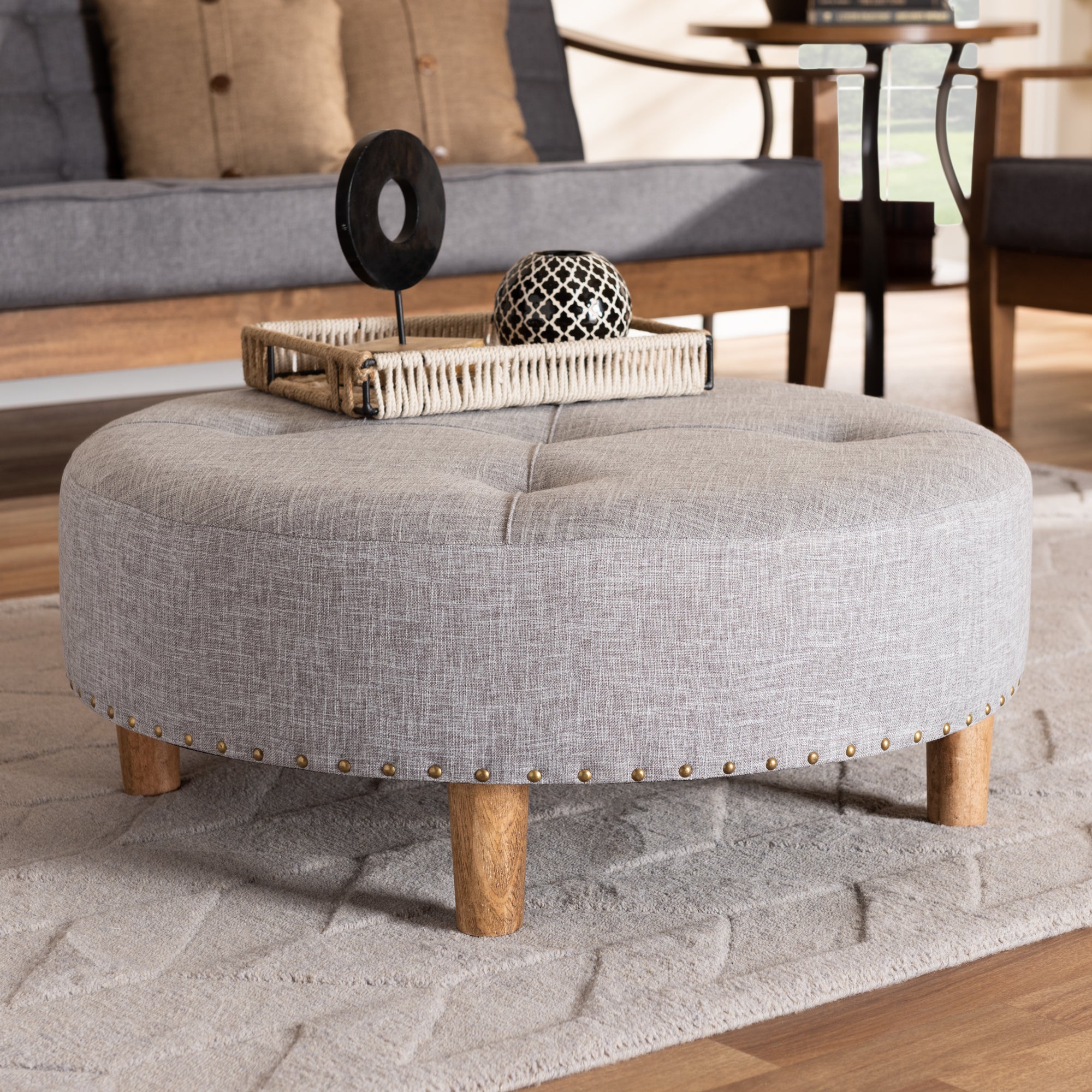 Vinet Modern and Contemporary Light Gray Fabric Upholstered Natural Wood Cocktail Ottoman