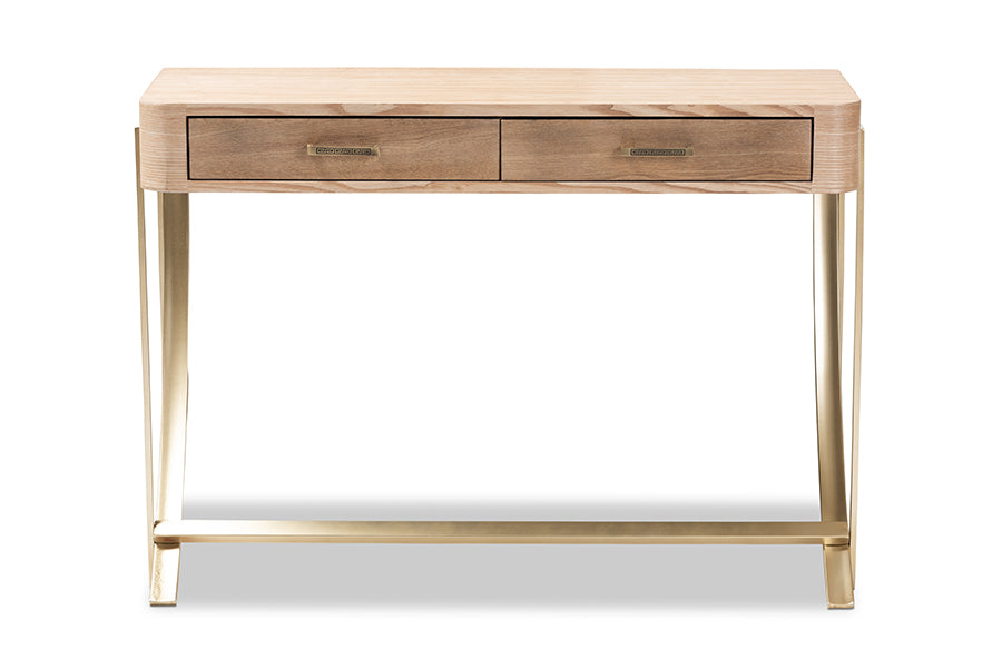Lafoy Modern and Contemporary Natural Brown Finished Wood and Gold Finished 2-Drawer Console Table