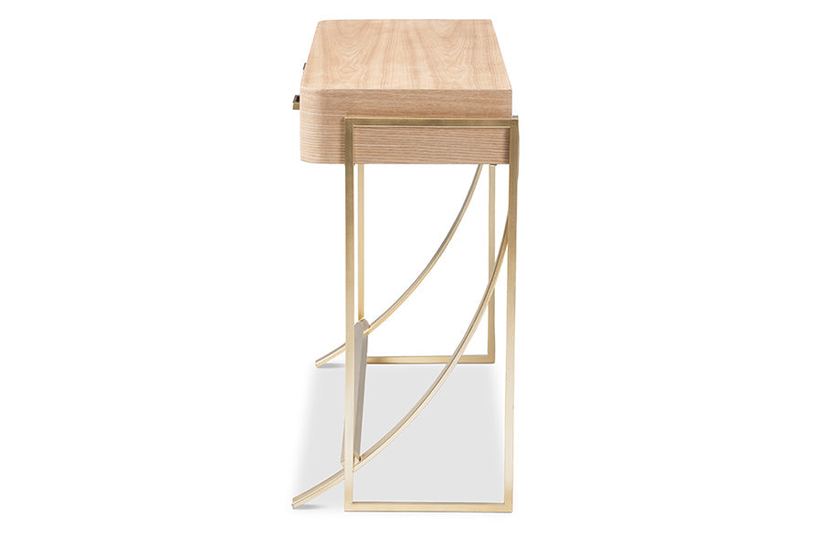 Lafoy Modern and Contemporary Natural Brown Finished Wood and Gold Finished 2-Drawer Console Table