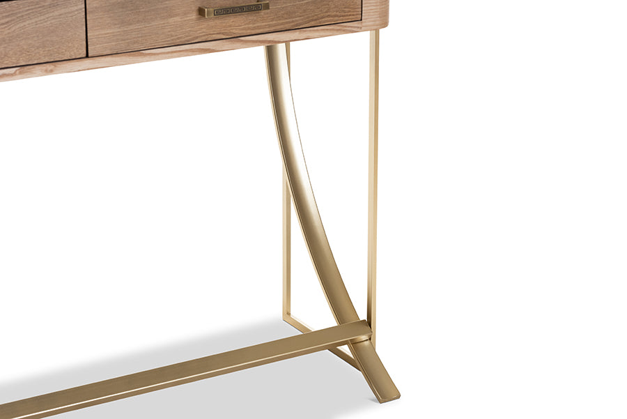 Lafoy Modern and Contemporary Natural Brown Finished Wood and Gold Finished 2-Drawer Console Table