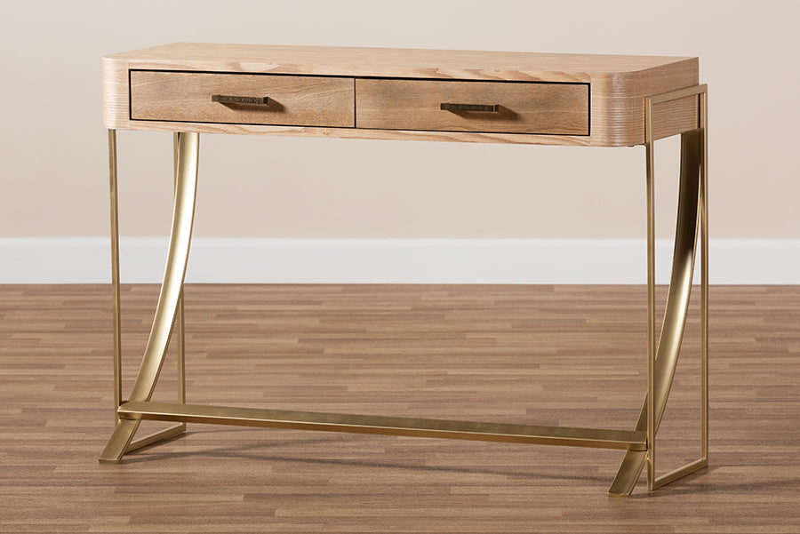 Lafoy Modern and Contemporary Natural Brown Finished Wood and Gold Finished 2-Drawer Console Table