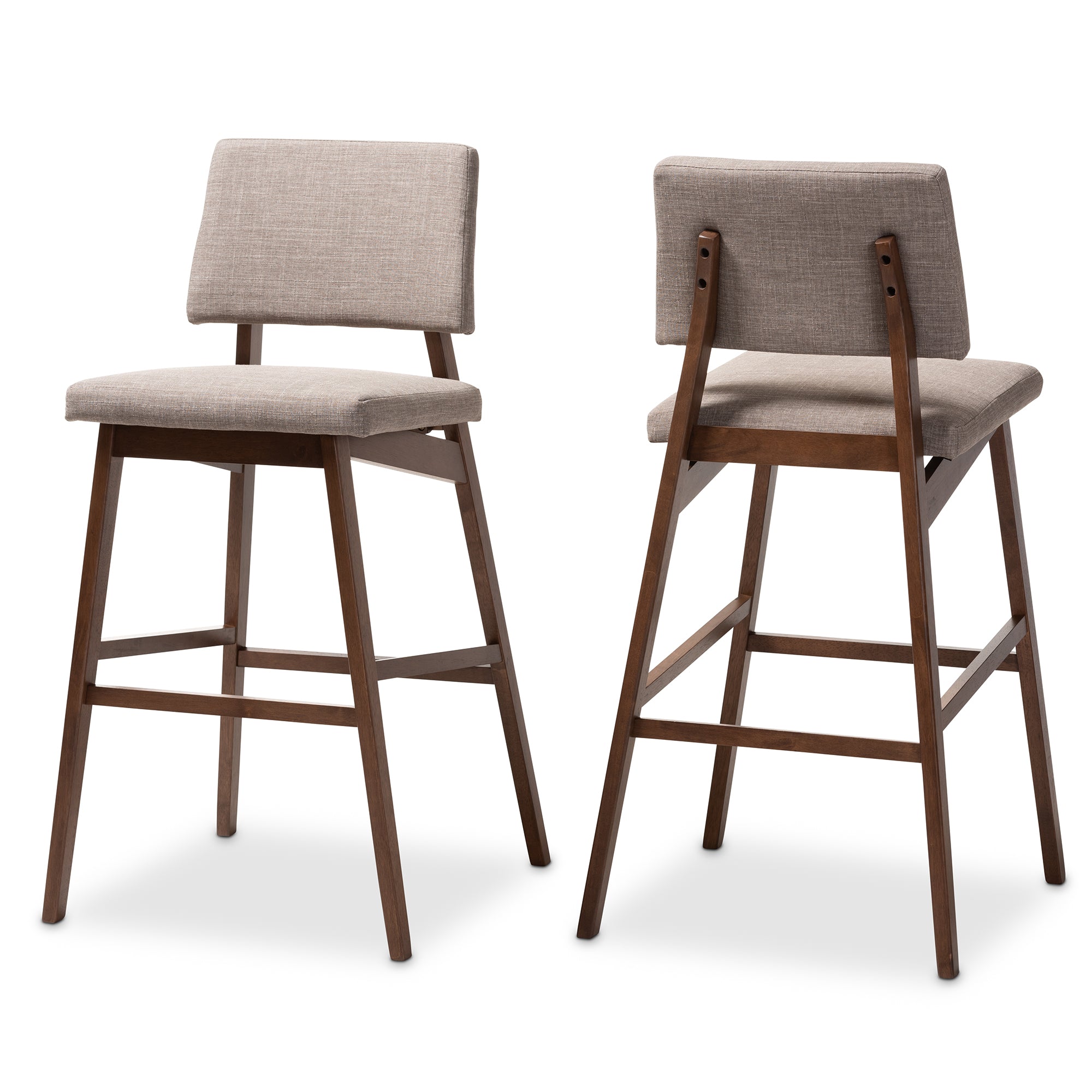 Baxton Studio Colton Mid-Century Modern Light Gray Fabric Upholstered and Walnut-Finished Wood Bar Stool Set of 2