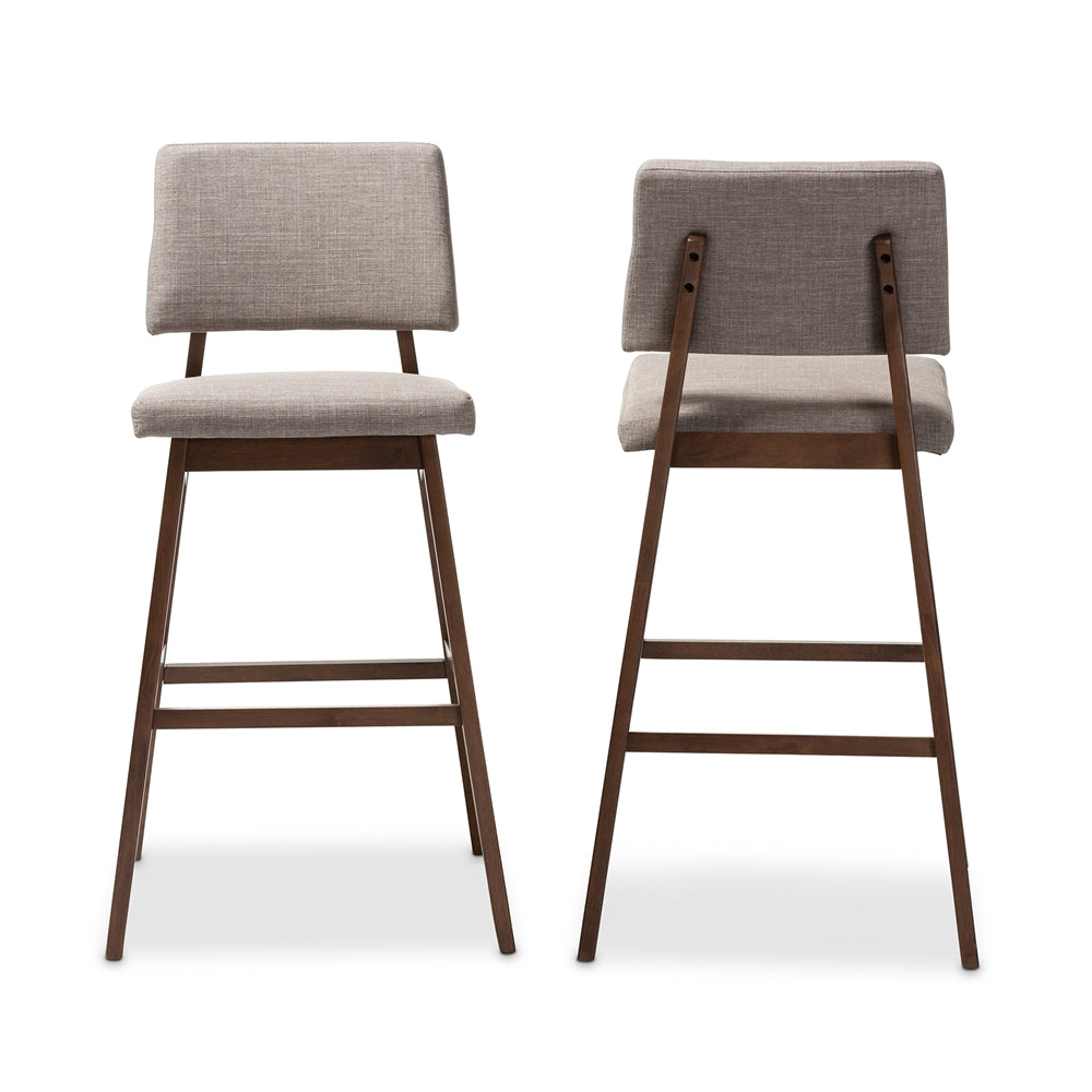 Colton Mid-Century Modern Light Grey Fabric Upholstered and Walnut-Finished Wood Bar Stool Set of 2