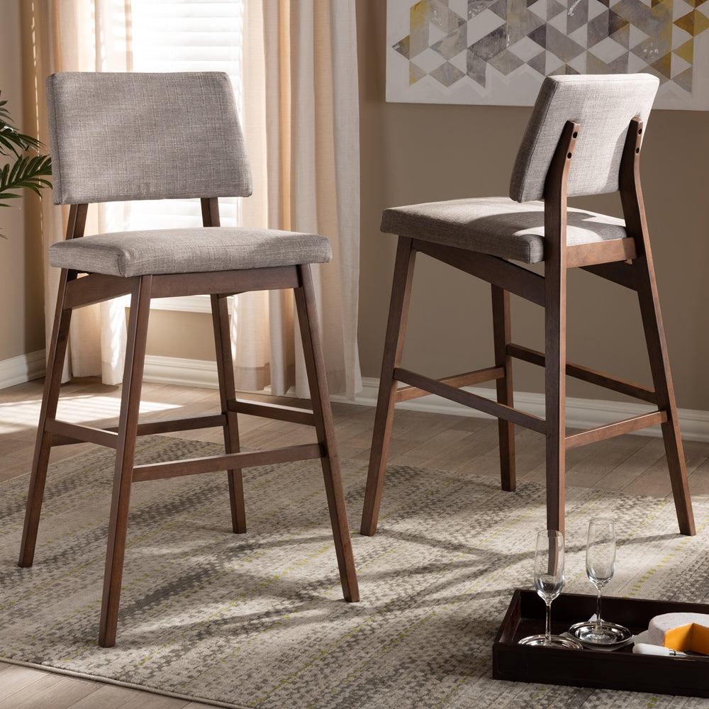 Colton Mid-Century Modern Light Grey Fabric Upholstered and Walnut-Finished Wood Bar Stool Set of 2