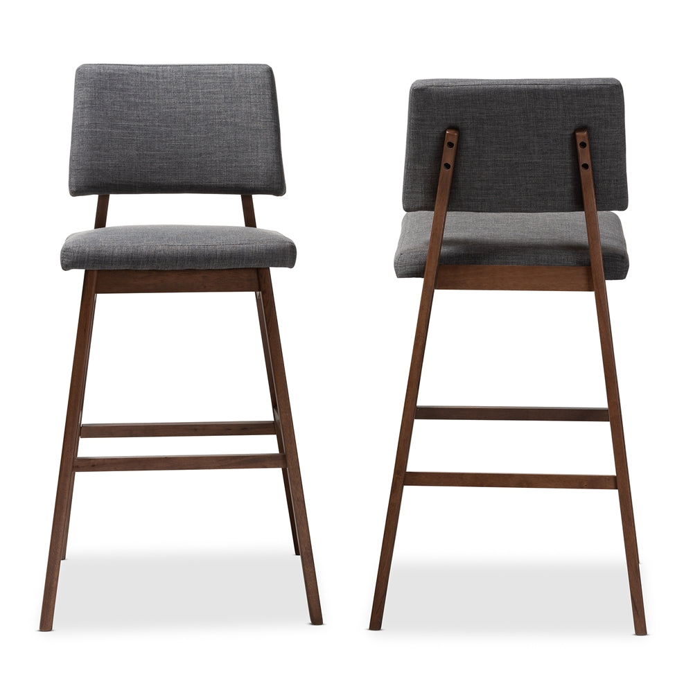 Colton Mid-Century Modern Dark Grey Fabric Upholstered and Walnut-Finished Wood Bar Stool Set of 2