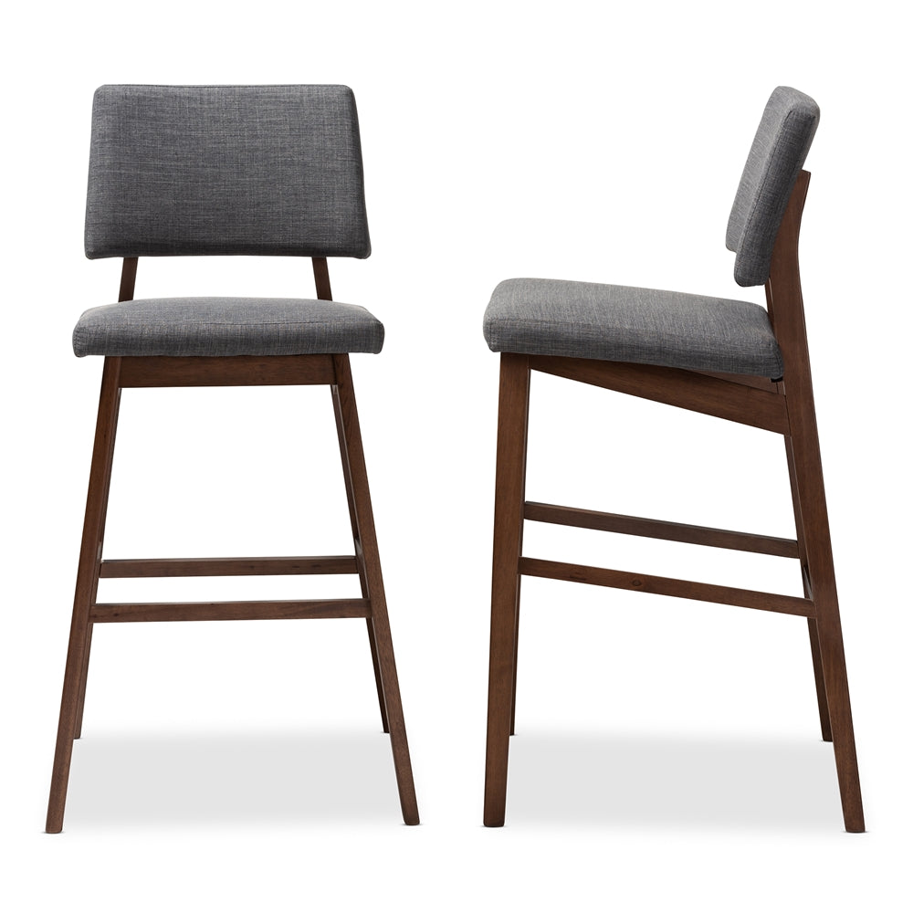 Colton Mid-Century Modern Dark Grey Fabric Upholstered and Walnut-Finished Wood Bar Stool Set of 2