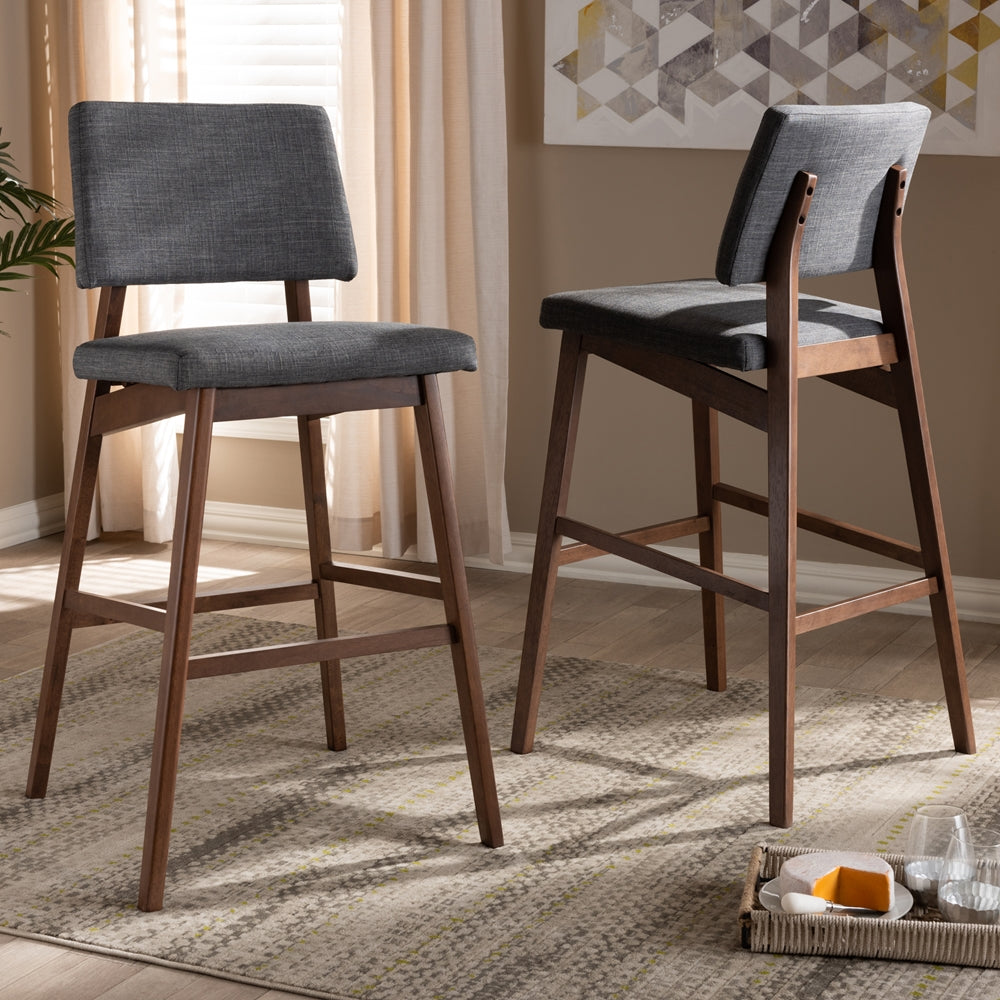 Colton Mid-Century Modern Dark Grey Fabric Upholstered and Walnut-Finished Wood Bar Stool Set of 2