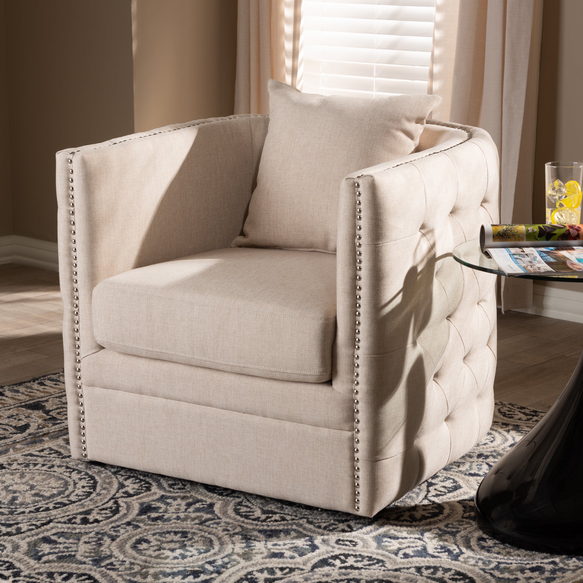 Micah Modern and Contemporary Beige Fabric Upholstered Tufted Swivel Chair