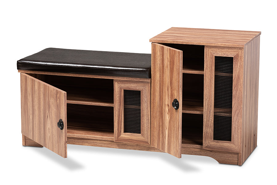 Valina Modern and Contemporary Dark Brown Faux Leather Upholstered 2-Door Wood Shoe Storage Bench with Cabinet