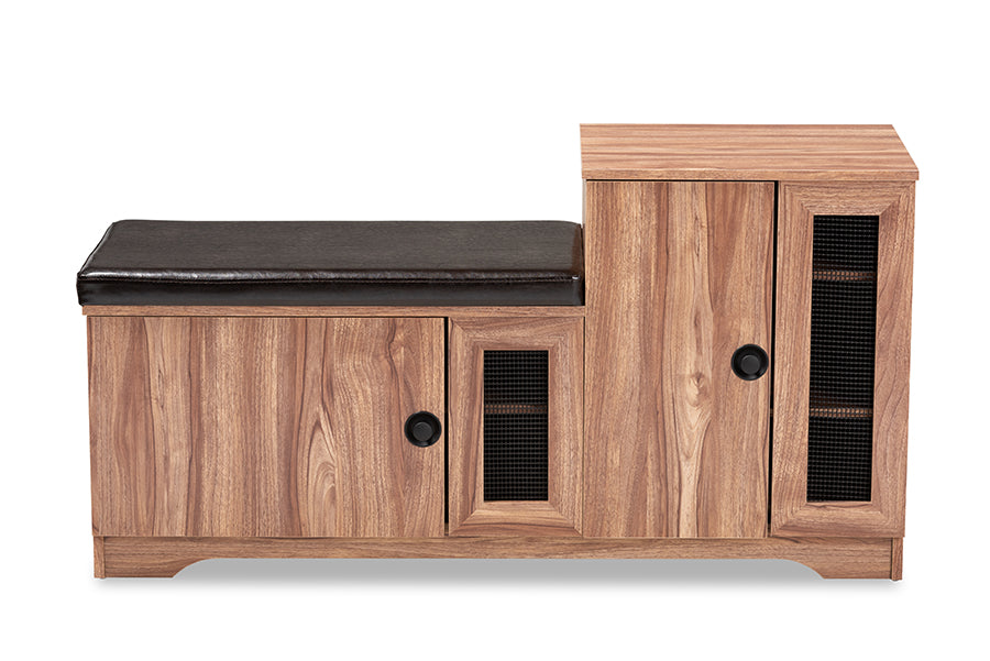 Valina Modern and Contemporary Dark Brown Faux Leather Upholstered 2-Door Wood Shoe Storage Bench with Cabinet