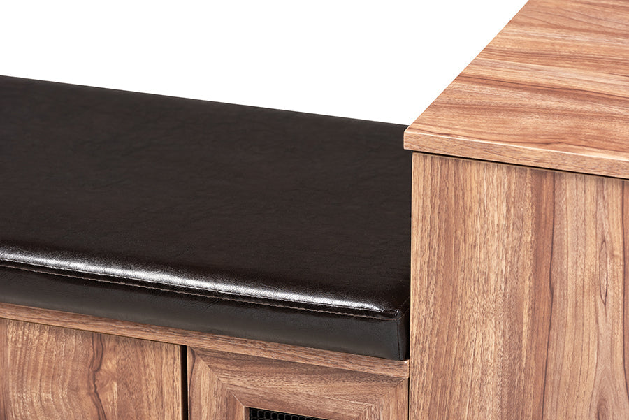 Valina Modern and Contemporary Dark Brown Faux Leather Upholstered 2-Door Wood Shoe Storage Bench with Cabinet