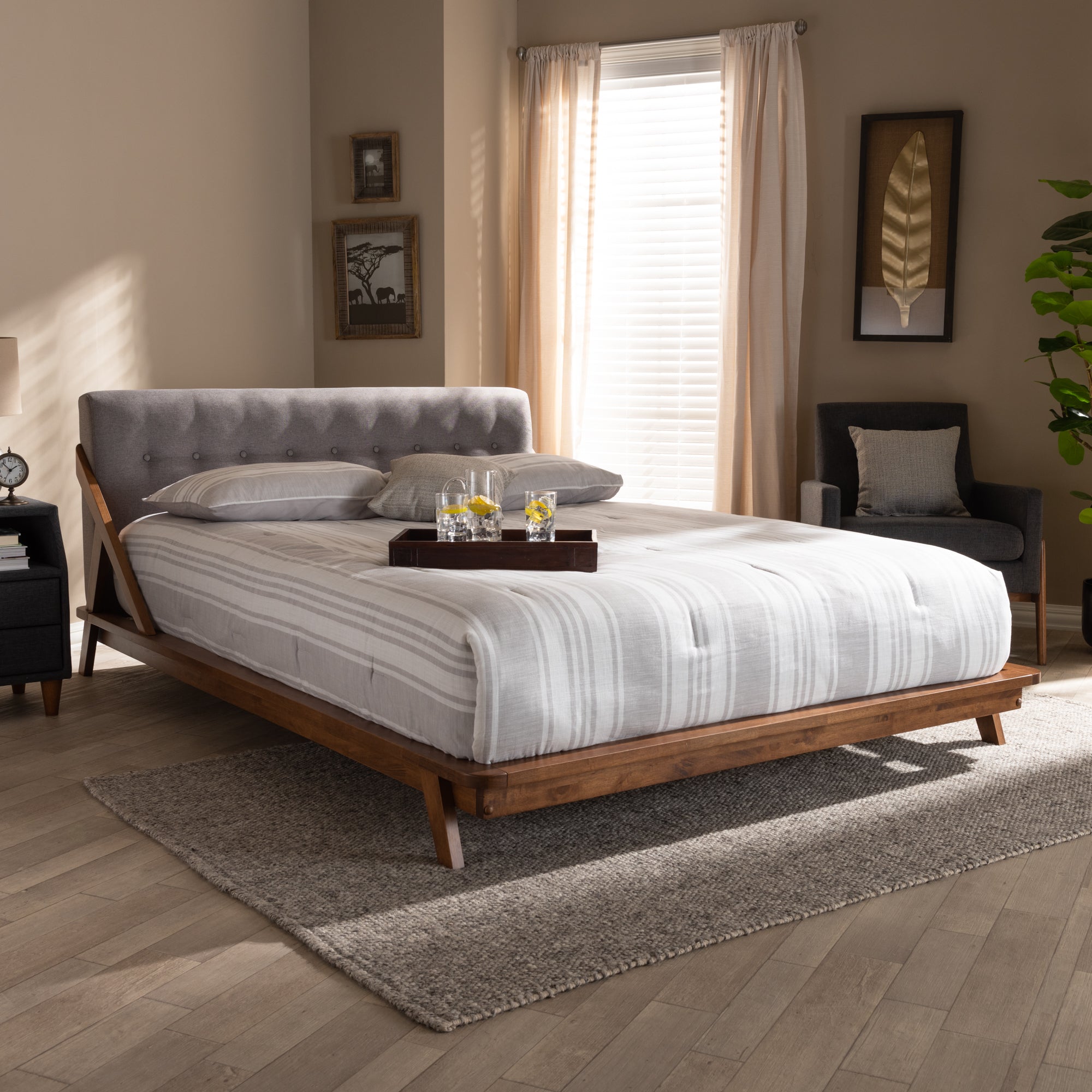 Sante Mid-Century Modern Grey Fabric Upholstered Wood King Size Platform Bed