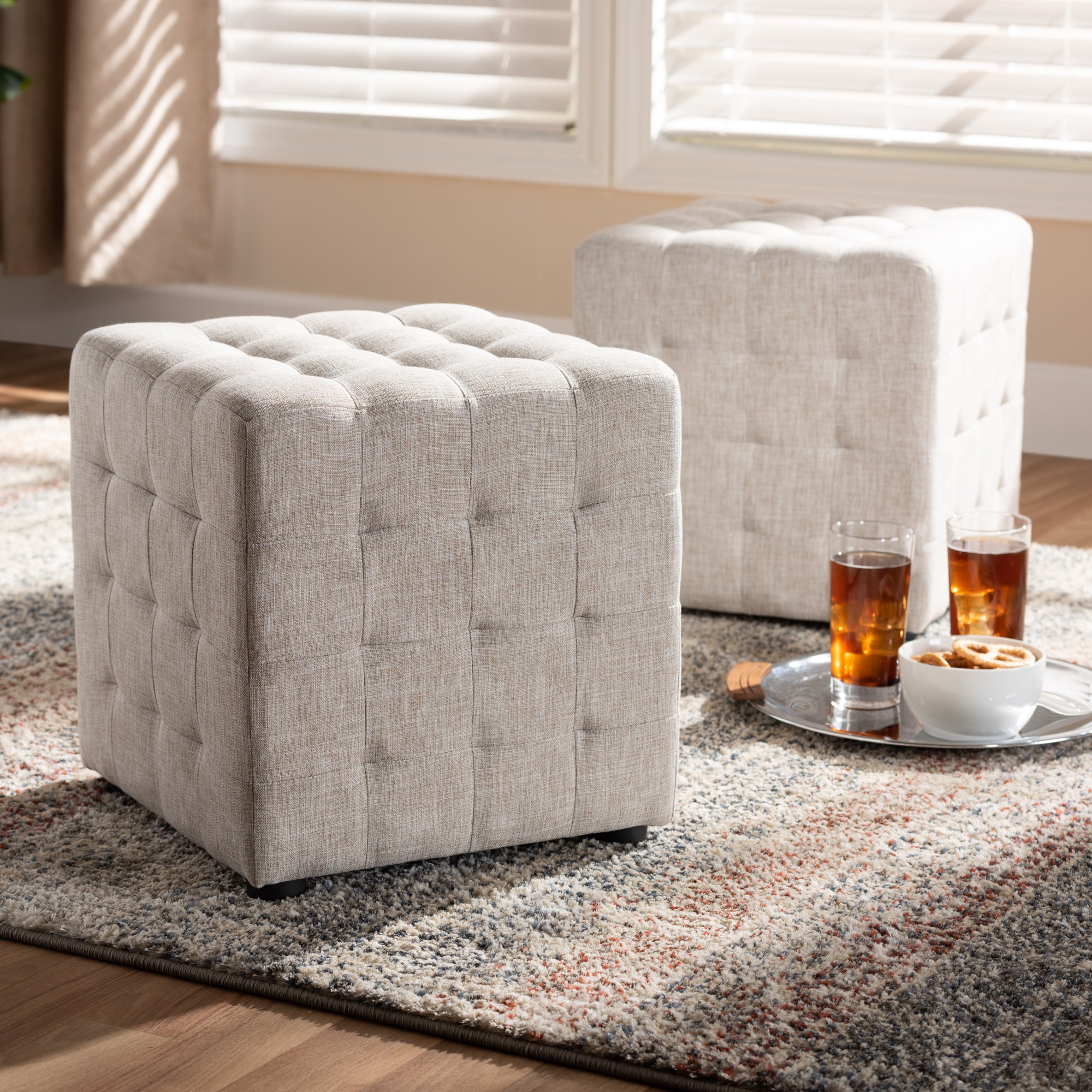 Elladio Modern and Contemporary Beige Fabric Upholstered Tufted Cube Ottoman Set of 2
