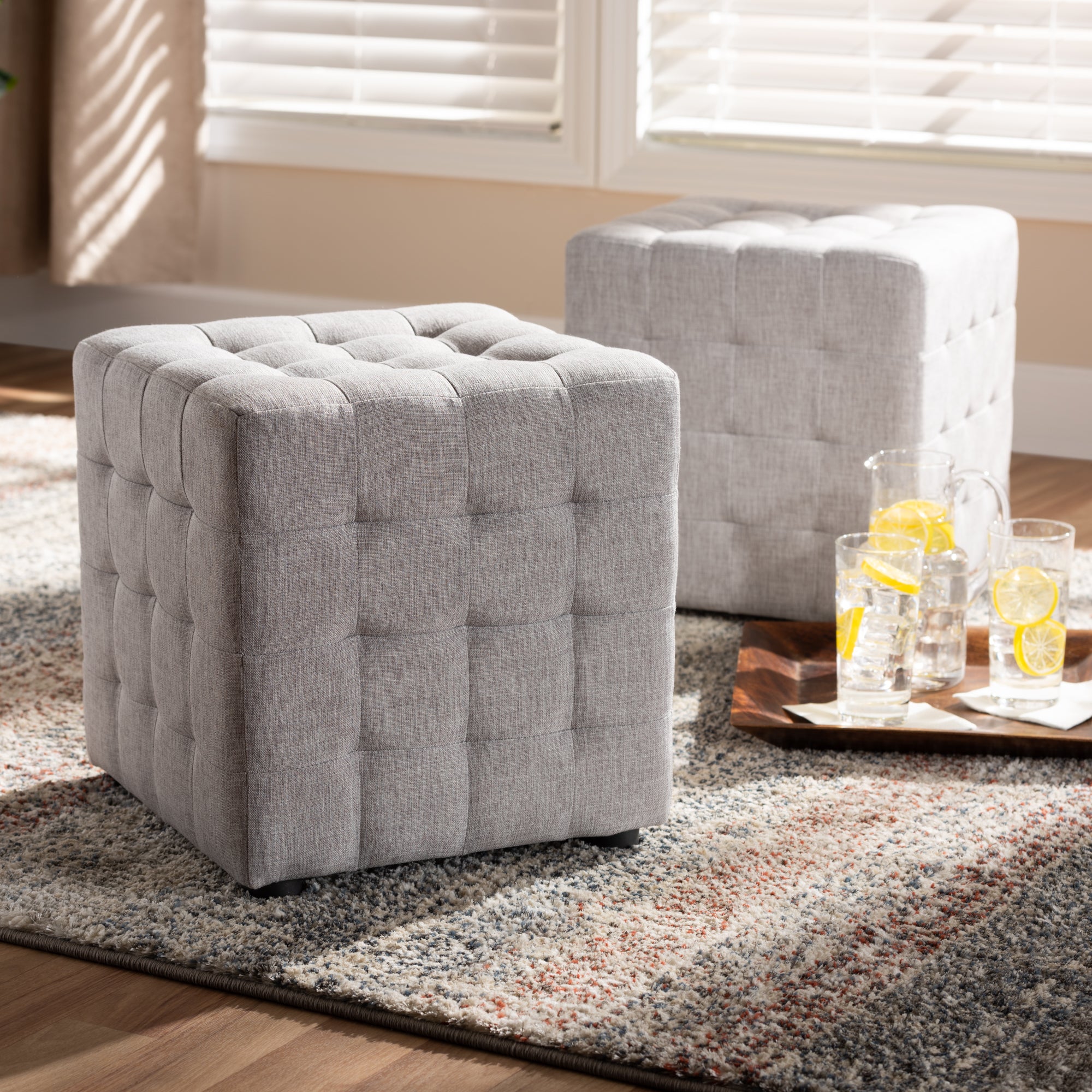 Elladio Modern and Contemporary Greyish Beige Fabric Upholstered Tufted Cube Ottoman Set of 2