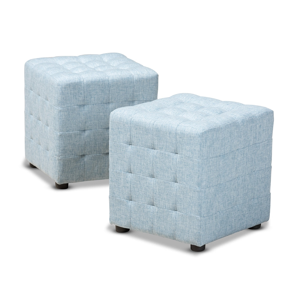 Elladio Modern and Contemporary Light Blue Fabric Upholstered Tufted Cube Ottoman Set of 2