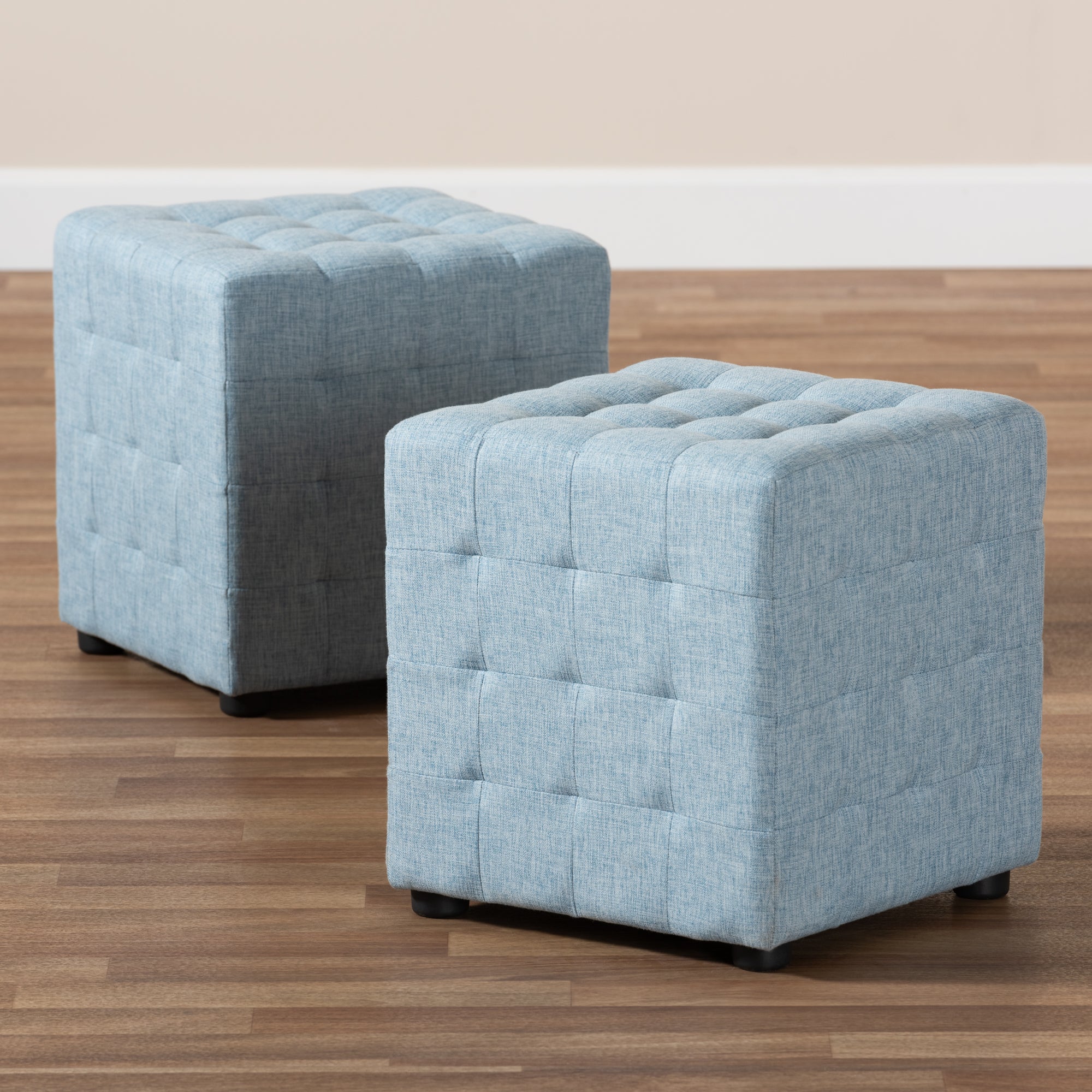 Elladio Modern and Contemporary Light Blue Fabric Upholstered Tufted Cube Ottoman Set of 2