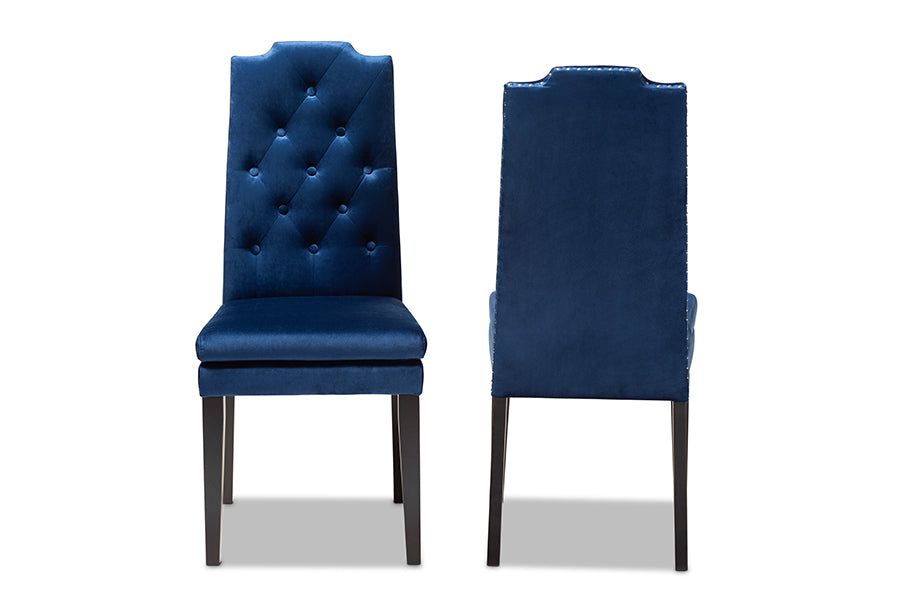 Dylin Modern and Contemporary Navy Blue Velvet Fabric Upholstered Button Tufted Wood Dining Chair Set of 2