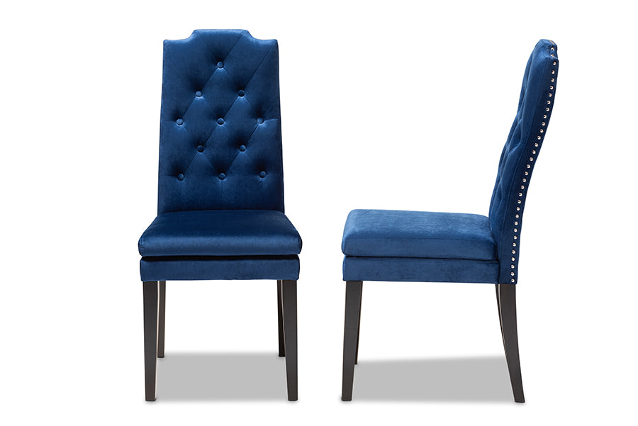 Dylin Modern and Contemporary Navy Blue Velvet Fabric Upholstered Button Tufted Wood Dining Chair Set of 2