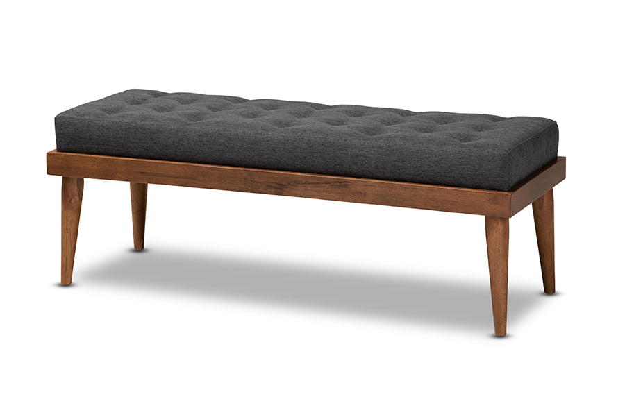 Linus Mid-Century Modern Dark Grey Fabric Upholstered and Button Tufted Wood Bench