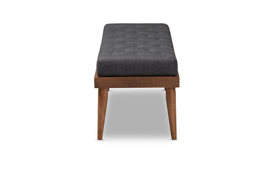 Linus Mid-Century Modern Dark Grey Fabric Upholstered and Button Tufted Wood Bench