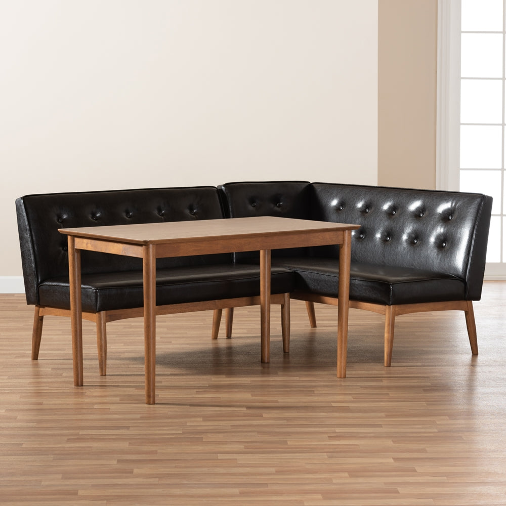 Arvid Mid-Century Modern Dark Brown Faux Leather Upholstered 3-Piece Wood Dining Nook Set