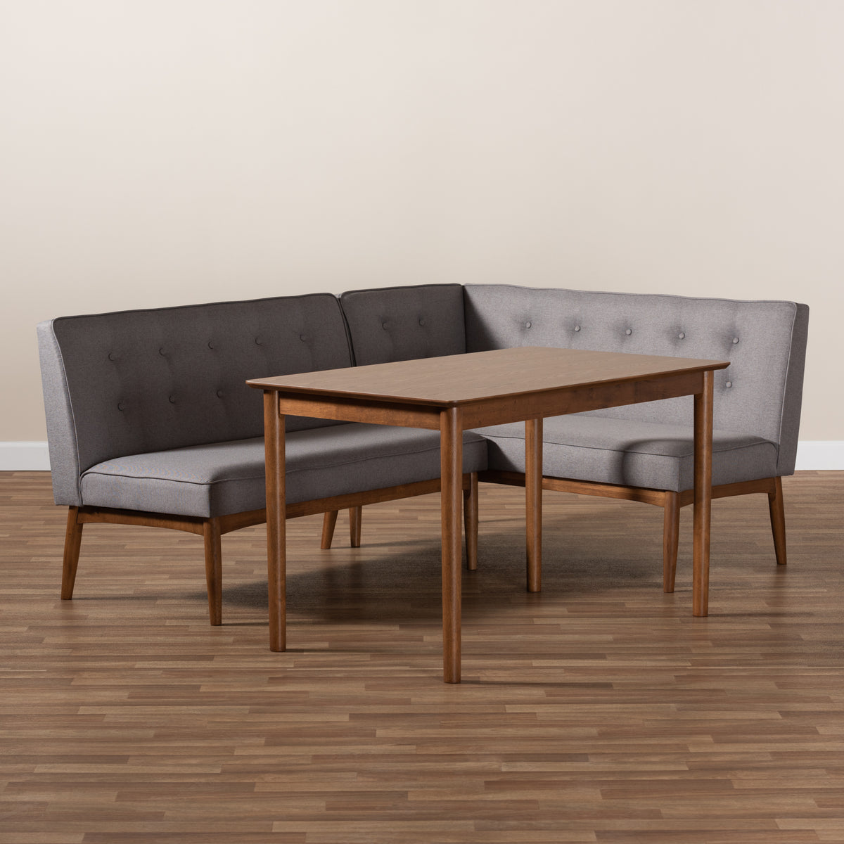 Arvid Mid-Century Modern Grey Fabric Upholstered 3-Piece Wood Dining Nook Set