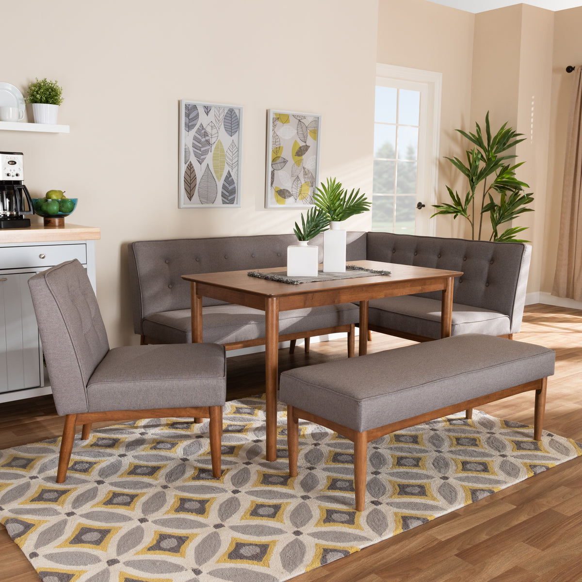 Arvid Mid-Century Modern Gray Fabric Upholstered 5-Piece Wood Dining Nook Set