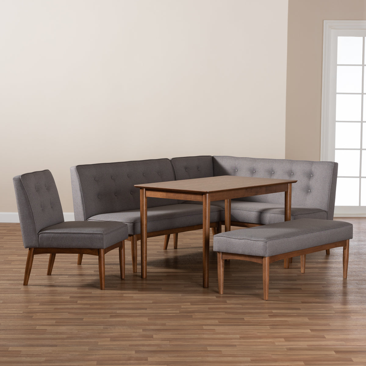 Arvid Mid-Century Modern Gray Fabric Upholstered 5-Piece Wood Dining Nook Set