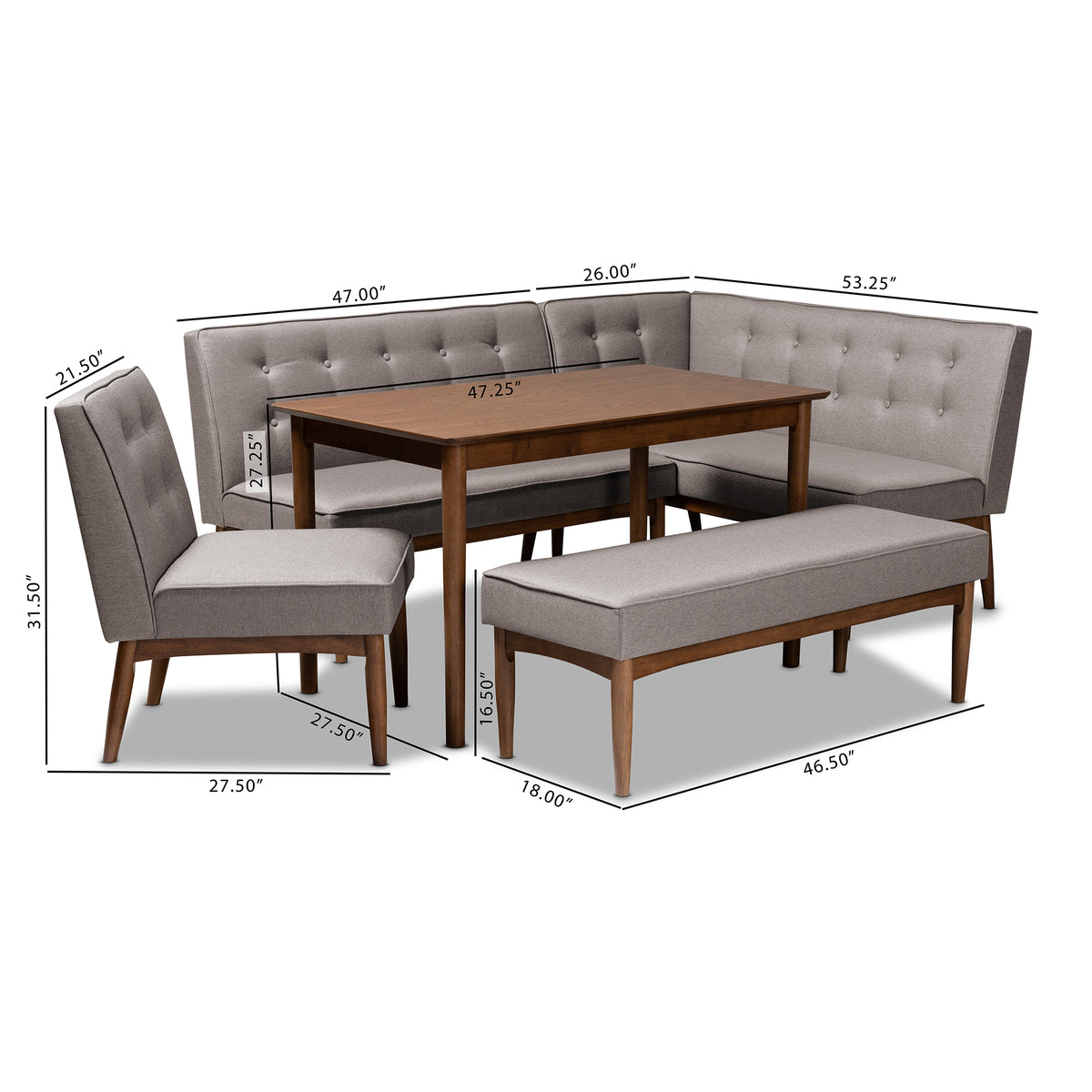 Arvid Mid-Century Modern Gray Fabric Upholstered 5-Piece Wood Dining Nook Set
