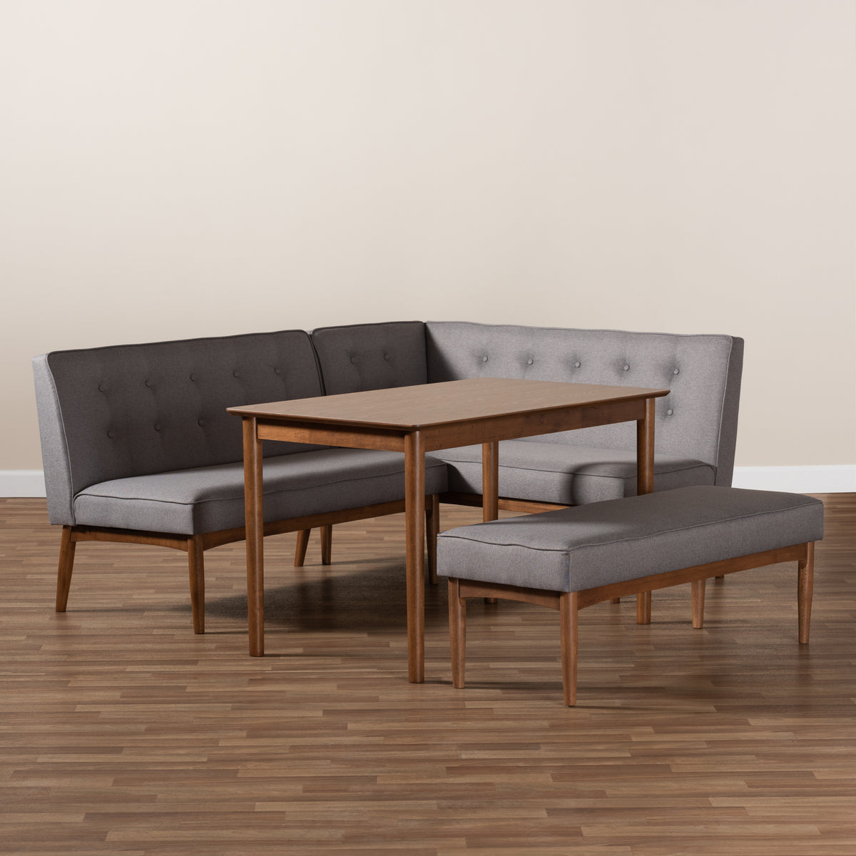 Arvid Mid-Century Modern Grey Fabric Upholstered 4-Piece Wood Dining Nook Set