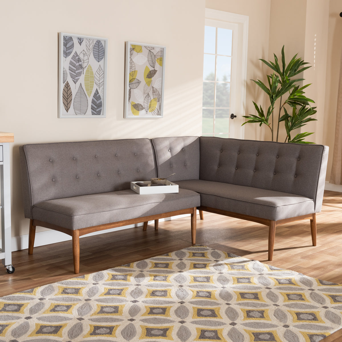 Arvid Mid-Century Modern Grey Fabric Upholstered 2-Piece Wood Dining Nook Banquette Set