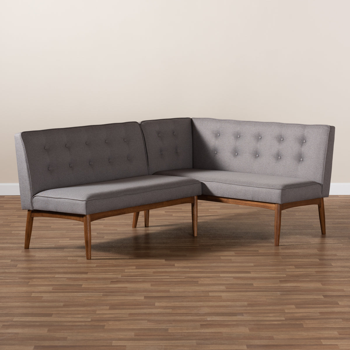 Arvid Mid-Century Modern Grey Fabric Upholstered 2-Piece Wood Dining Nook Banquette Set