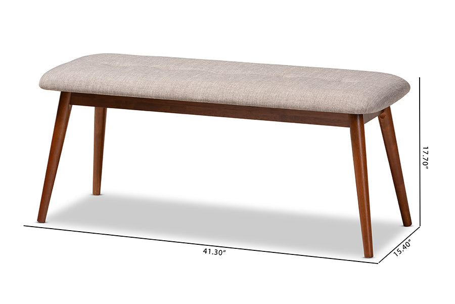 Flora II Mid-Century Modern Light Grey Fabric Upholstered Medium Oak Finished Wood Dining Bench