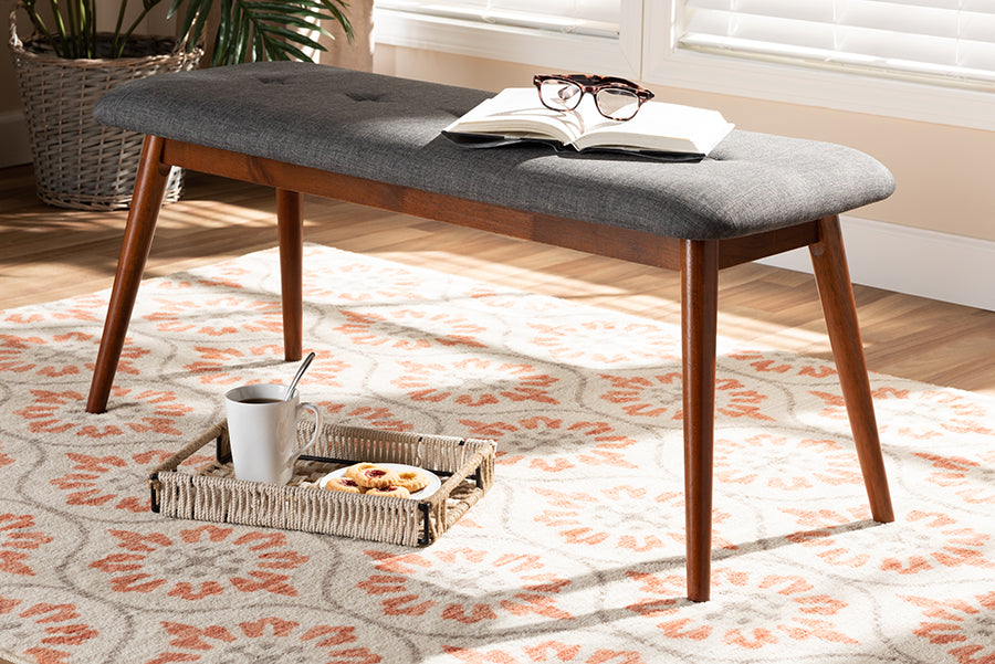 Flora II Mid-Century Modern Dark Grey Fabric Upholstered Medium Oak Finished Wood Dining Bench