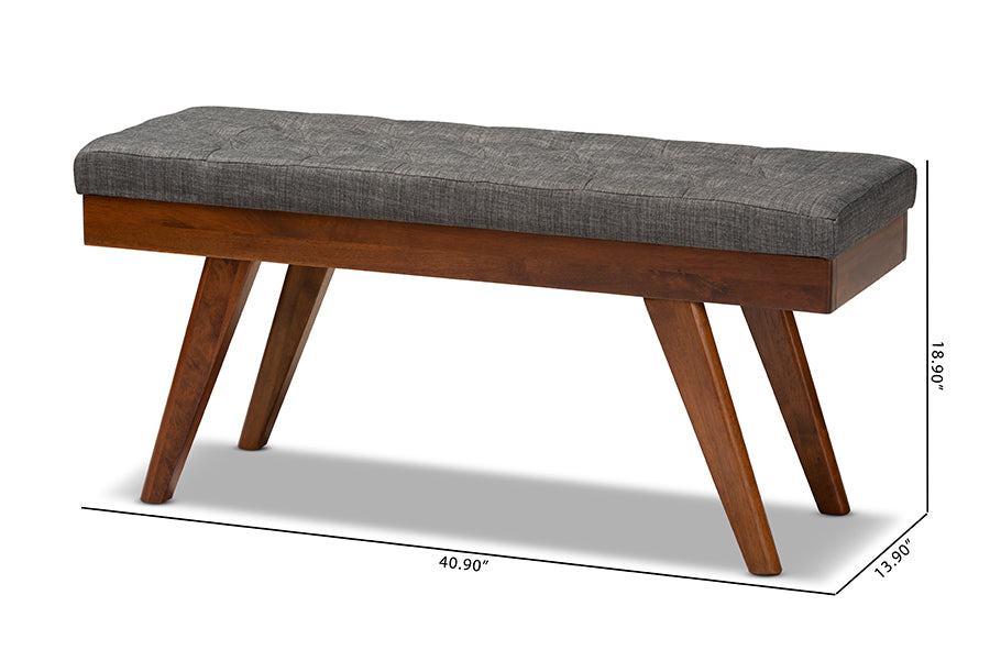Alona Mid-Century Modern Medium Grey Fabric Upholstered Wood Dining Bench