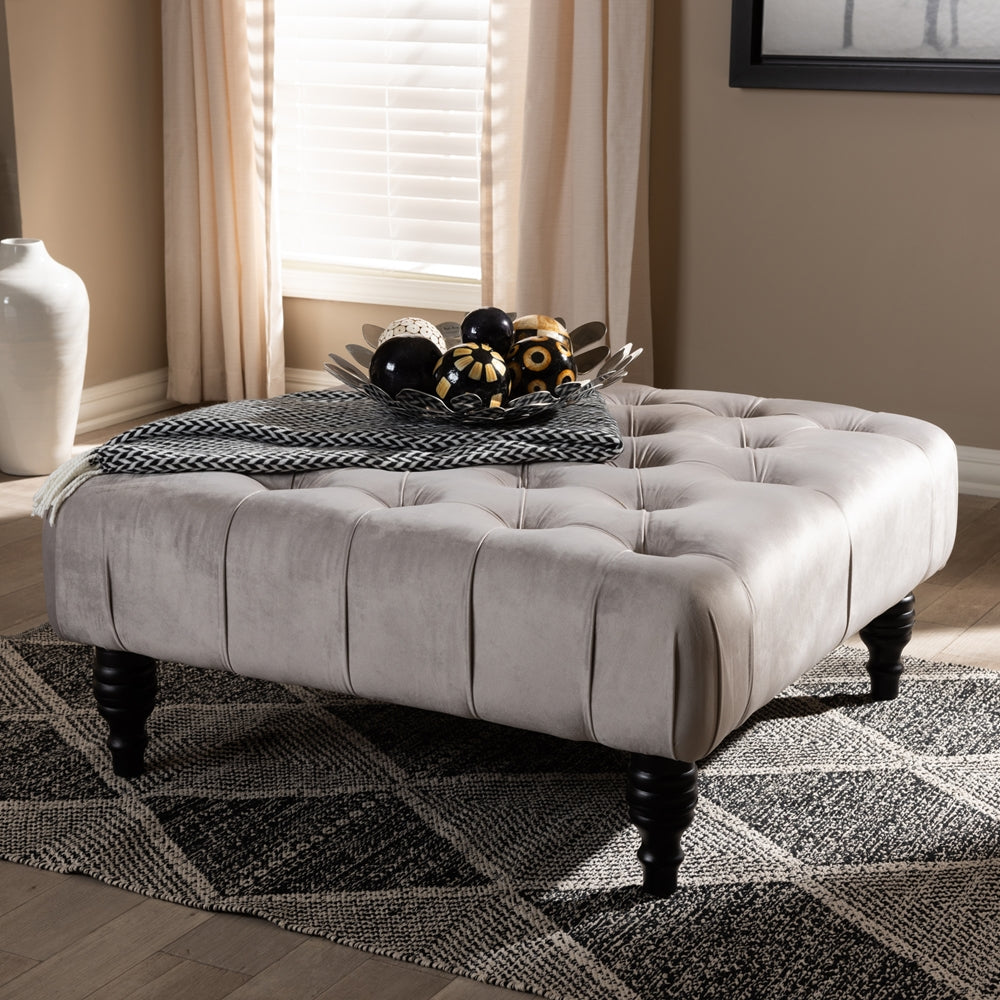 Keswick Transitional Grey Velvet Fabric Upholstered Button Tufted Cocktail Ottoman
