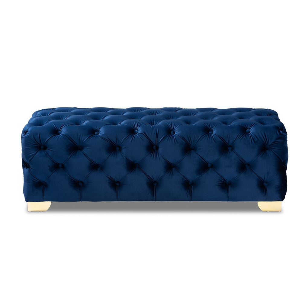 Avara and Velvet Fabric Upholstered Gold Finished Button Tufted Bench Ottoman