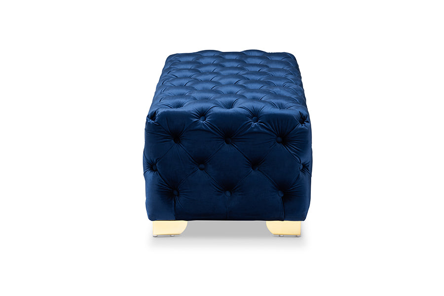 Avara Royal Blue Velvet Fabric Upholstered Gold Finished Button Tufted Bench Ottoman