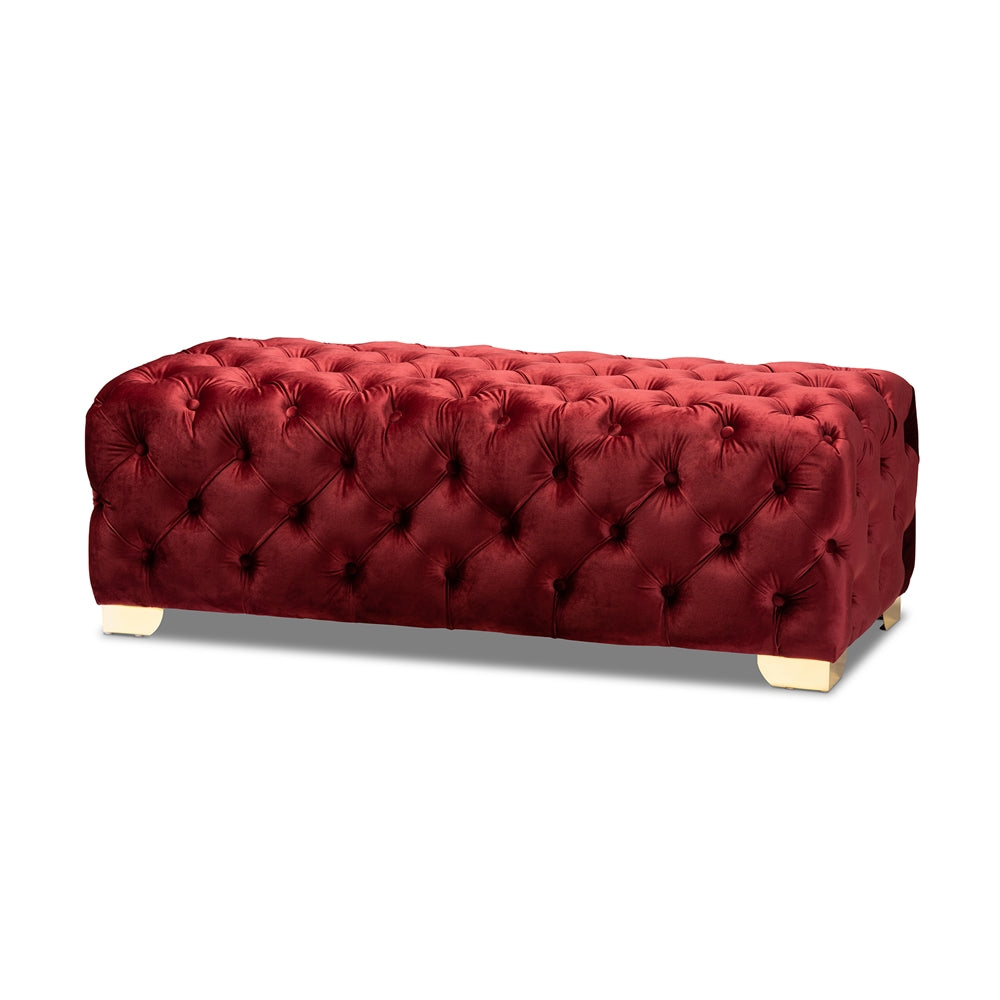 Avara and Velvet Fabric Upholstered Gold Finished Button Tufted Bench Ottoman