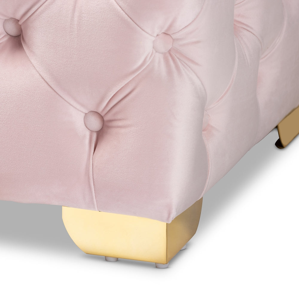 Avara Light Pink Velvet Fabric Upholstered Gold Finished Button Tufted Bench Ottoman