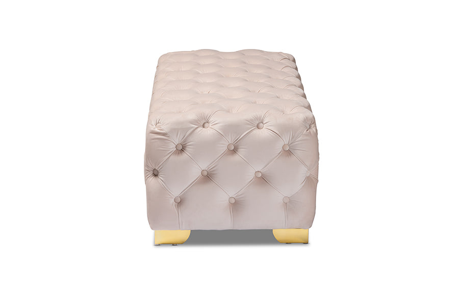 Avara Light Beige Velvet Fabric Upholstered Gold Finished Button Tufted Bench Ottoman